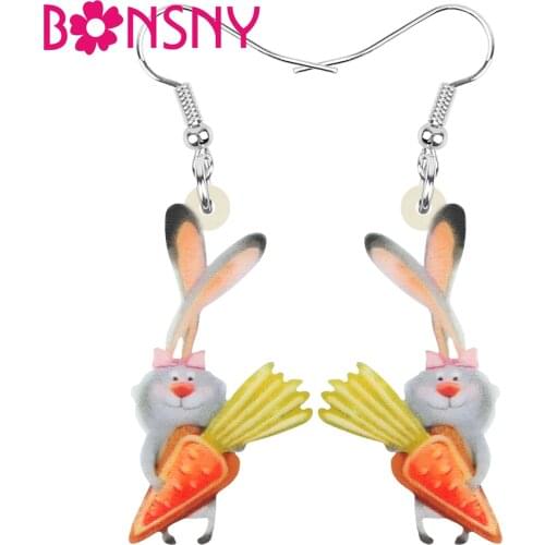 Bonsny Acrylic Carrot Easter Hare Rabbit Bunny Earrings Print Animal Dangle Drop Jewelry For Women Girl Fashion Gift Decoration