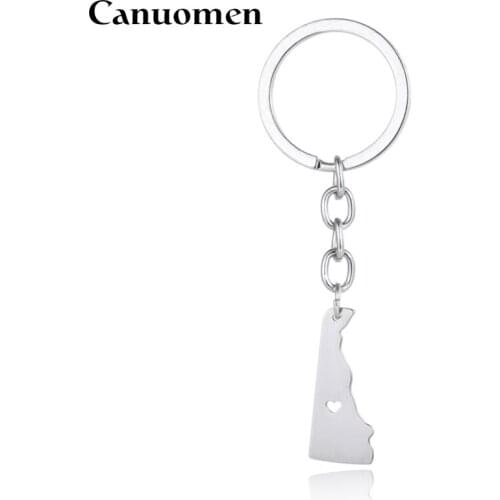 Canuomen Delaware State Map Key Chain US States Maps with Love Heart Stainless Steel Car Keyrings Fashion Bag Accessory Jewelry