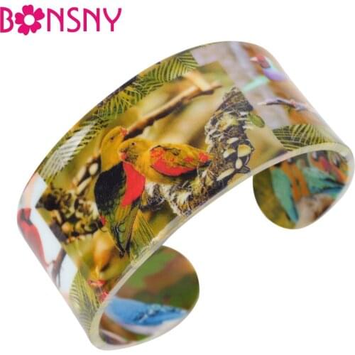 Bonsny Acrylic Jungle Animal Parrot Pattern Wide Bracelets Bird Bangles 2017 News Fashion Jewelry For Women Girl Charm