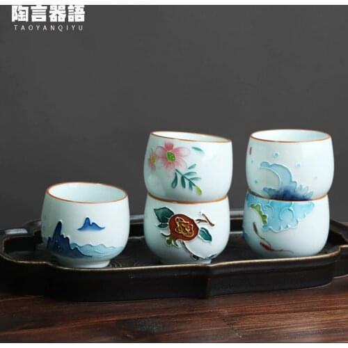 Jingdezhen Embossing Pastel Hand-Painted Meditation Cup Handmade Ceramic Shadow Green Kung Fu Tea Ceremony Owner Teacup