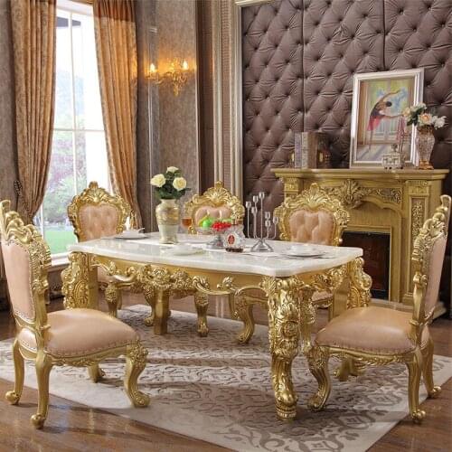 European-style Long Luxury Dining Table Villa High-end Solid Wood Carving Leather Marble Dining Table and Chair