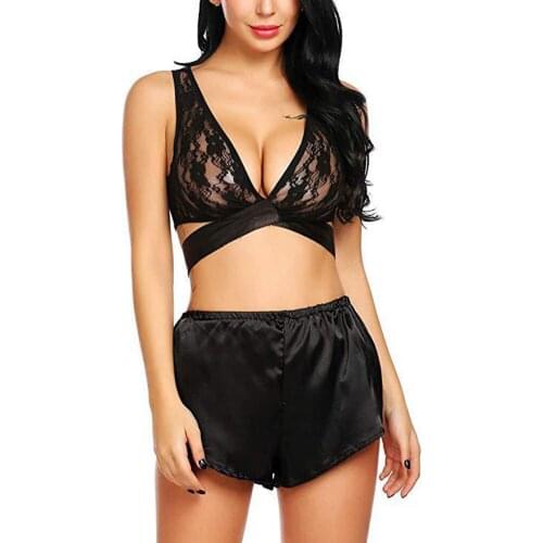 2 Pieces Lingerie Set, Solid Color Lace Underwear and Shorts for Women, Red/Black, S/M/L/XL