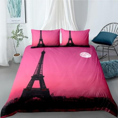Pink Sky Bedding Set Eiffel Towel Romatic Beautiful Duvet Cover 3D Queen King Twin Full Single Double Unique Design Bed Set