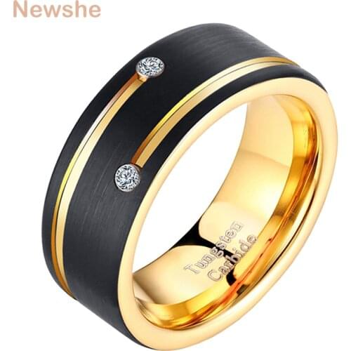 Newshe Mens Tungsten Carbide Ring Black and Golden Color 8mm Wedding Band For Men AAA Cubic Zirconia Jewelry Size 9-13 TRX044