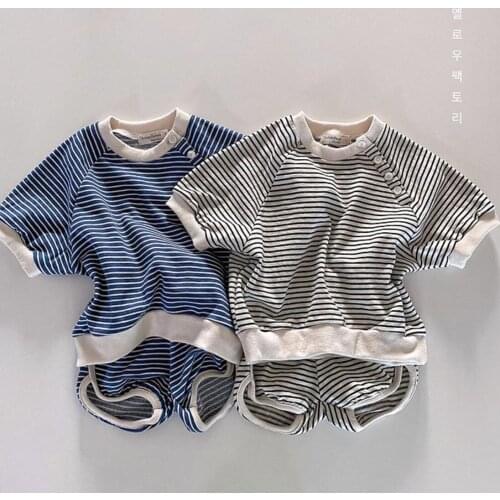 2021 new cotton girls boys 2 pcs set summer striped t shirt+shorts cool soft babys suit