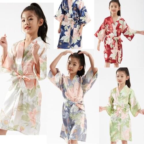 Wholesale Link Children Bathrobes Kids Sleepwear Clothing Girls Stain Silk Kimono Peony Flower Robe For Spa Wedding Birthday
