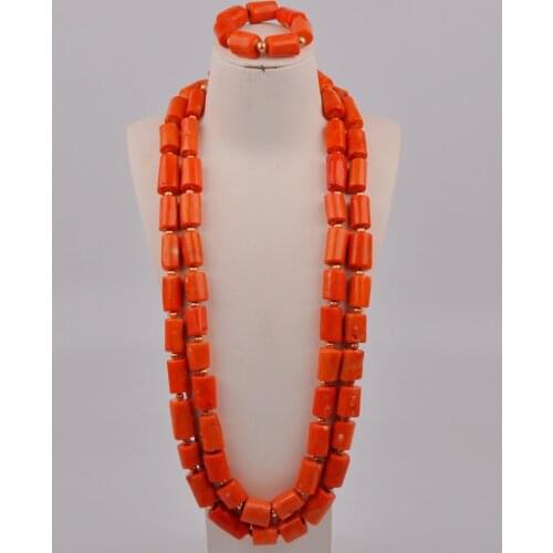 Orange African Wedding Coral Beads Nigerian Men Jewelry Set Costume Necklace Groom Jewellery Free Ship 2-A-02