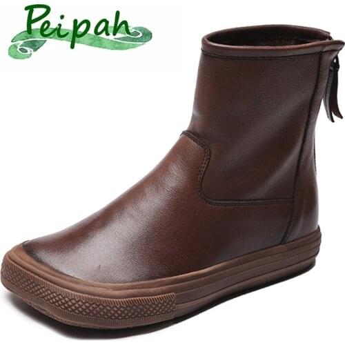 PEIPAH Retro Genuine Leather Shoes Woman Rubber Ankle Boots Ladies Casual Solid Square Toe Zip Botas De Invierno Para Mujer