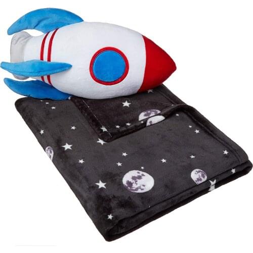 Rocket Bedding Pillow Blanket , Kids Space Rocket Bedding Nap Set with Rocket Pillow and Fleece Throw Blanket