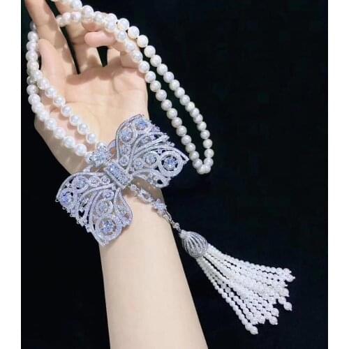 Luxury natural pearl dazzling zircon bow pendant necklace for womens birthday gift engagement party jewelry