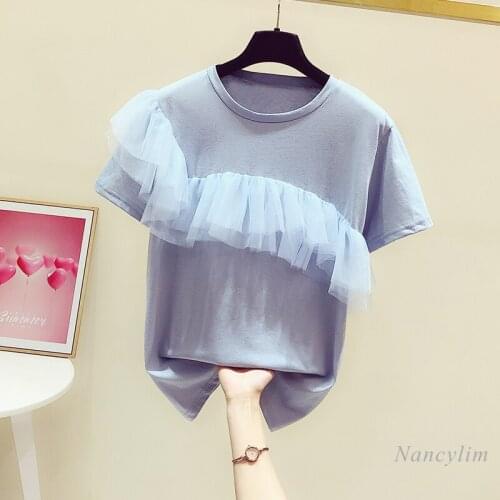 Woman Tshirt 2021 Summer New Korean Style Fashion Mesh Ruffled Stitching Round Neck Short Sleeve T-shirts Lady Casual Tops
