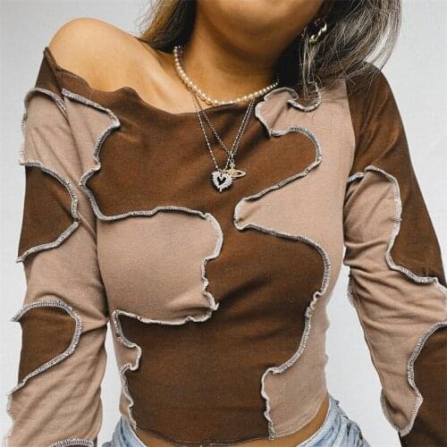 Women Patchwork Pullover Brown Long Sleeve Autumn Crop Tops Streetwear Slim Fit T-shirts S/ M/ L/ XL