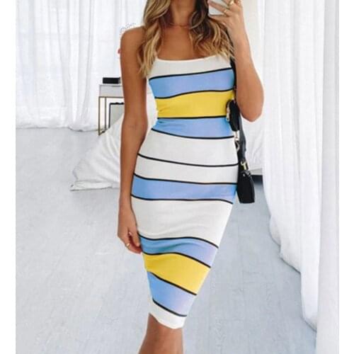 Women Beach Dress Hollow Out Spaghetti Strap Knit Fashion Summer Dress Sexy Bodycon Sling Striped Sleeveless Dress
