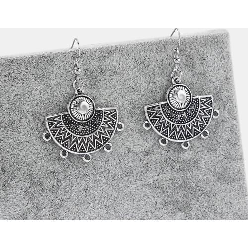 1pair Tibetan Silver Fan-Shaped/Semicircle Charm Earring Ethnic Tribal Aztec Hippy Boho Dangle Statement Earring With Big Hook