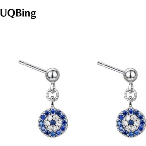 100% Authentic 925 Sterling Silver Blue Crystal Rhinestone Round Charm Statement Evil Eyes Stud Earrings
