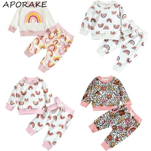 2021 0-3Y Sweet Toddler Girl Clothing Set Spring Autumn Rainbow/Leopard Print Long Sleeve O Neck Sweatshirt+Harem Pants 2pcs