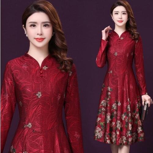 2019 Spring Fall Vintage Woman Mandarin Collar Print Long Sleeve Flower Dress , 5xl Cheongsam Mid Calf Floral Dress for Women