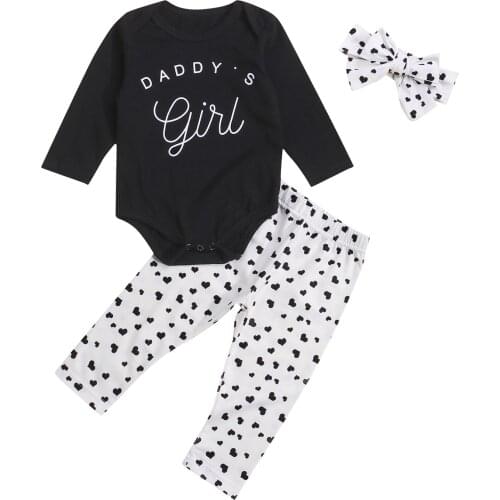 0-18M Baby Girls 3Pcs Fall Outfits Long Sleeve Letter Romper + Heart Pants + Headband Set