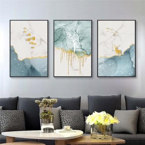 Abstract Golden Landscape Canvas Poster Wall Art Golden Butterfly Elk Tree Print Modern Style Painting Nordic Home Decoration