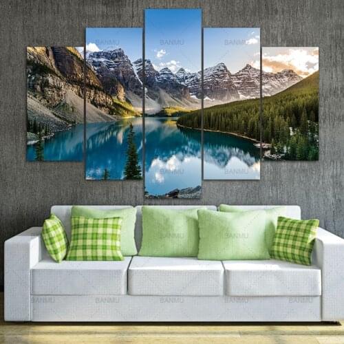 Spray 5-Pieces Modern Canvas Moraine Lake And Mountain Painting Wall Art The Picture For Home DecorationGiclee Unframed
