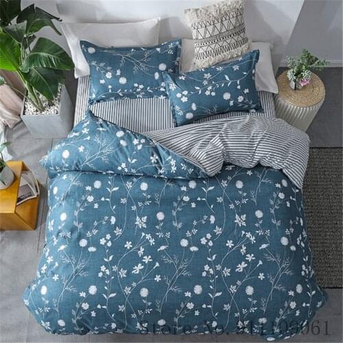 Home Textile Duvet Cover Pillowcase Bed Sheet Dark Blue Flower Stripe Bedding Set for Children Adult Linens Bedclothes 3/4Pcs