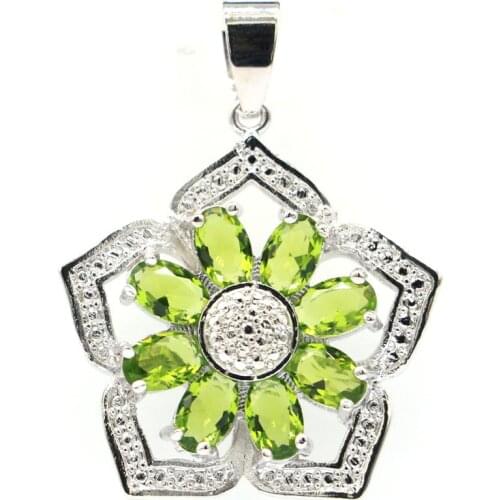 36x27mm SheCrown Flowers Shape Created Green Peridot Pink Kunzite Bright CZ For Ladies Silver Pendant Eye Catching