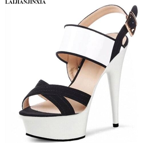 LAIJIANJINXIA NEW Fashion 6 Inch Platform Sandals Ladies Crystal Shoes 15cm High Heel Sandals Sexy White/Pink Dress Shoes