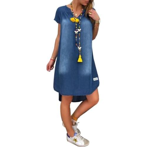 Summer Gradient V Neck Straight Fashion Jean Dress Women Short Sleeve Streetwear Plus Size Ladies Loose Denim Midi Dresses
