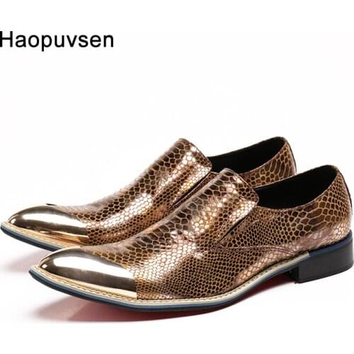 2019 new style Brown Genuine Leather Loafers Men Casual shoes Mens Flats Metal tip men dress shoes SIze US 4-12 Free shipping