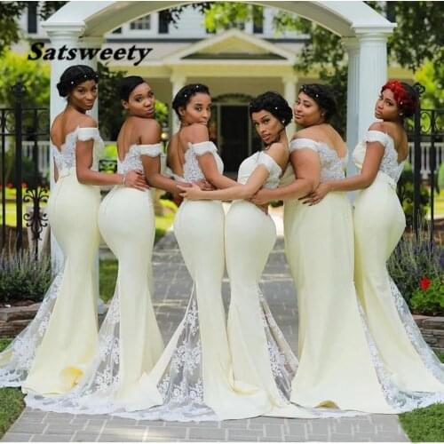 New Red Formal Off-Shoulder Bridesmaid Dresses Girl Elastic Satin Gown Woman Lady Mermaid Sleeveless Sweetheart Applique Custom