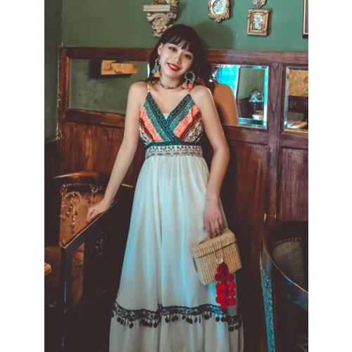 Summer New Womens Ins Net Red Same Retro Print Slim Dress Bohemian Travel Vacation Beach Wind Sling Mid-Length Dress