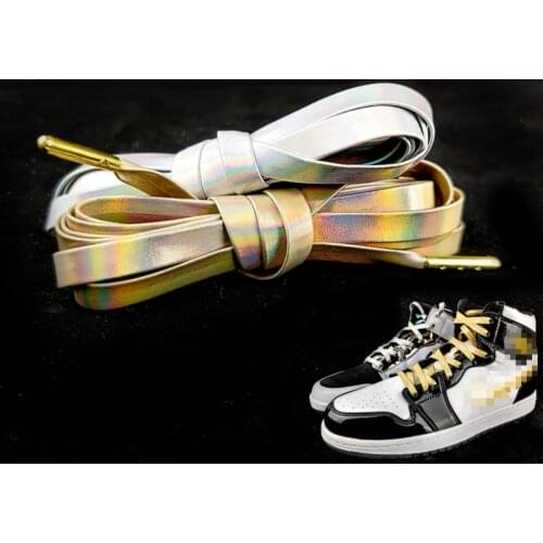 Laser Gold Silver PU Leather Flat Shoelaces 120cm Reflective Women Men Sports Casual Basketball Boot Shoes Laces Strings