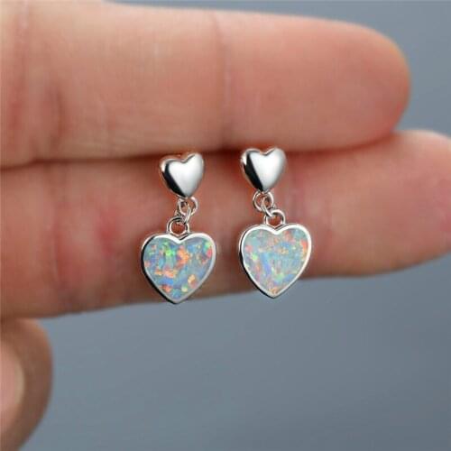 Simple Female Blue White Opal Drop Earrings Charm Love Heart Stud Earrings Classic Bridal Silvery Color Wedding Earrings