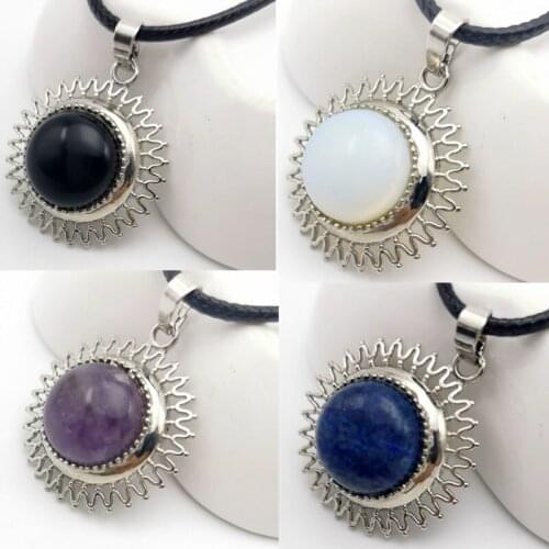 Reiki Natural Round Necklace Pendants Gem Stone Stainless Steel Tiger Eye Pink Quartz Lapis Lazuli Opal Chakra Jewelry 1PCS
