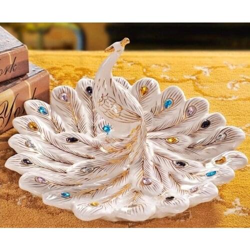Luxurious Porcelain Peacock Figurine Candy and Fruits Plate Decorative Ceramics Phoenix Craft Ornament Accessories Furnishing