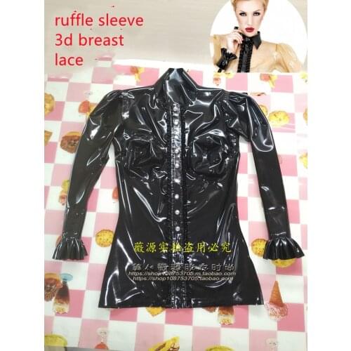 Sexy Black Puff Sleeve Ruffles Latex Blouse 3d Breast Cup Rubber Top Fetish Lace