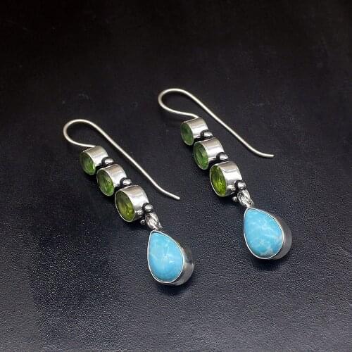 Gemstonefactory Big Promotion Unique 925 Silver Blue Jasper Green Peridot Women Ladies Gifts Dangle Drop Earrings 20211843