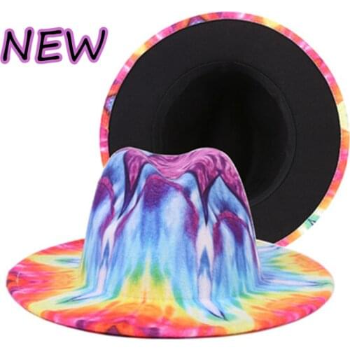 New tie-dye fedora hat womens colored woolen felt hat autumn and winter fashion big brim jazz hat Panama hat warm top hat