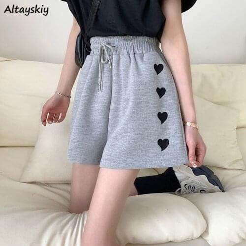 Shorts Women Summer Drawstring Heart-embroidery Workout Student Street Leisure Female Trousers Elasticity Trendy M-4XL Oversized