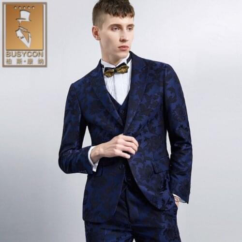 Dark blue wedding suits for men printed blazer terno masculino latest coat pant designs 3 Piece( Blazer+Vest+Pants)