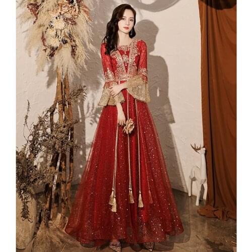 2021 Vintage Saudi Arabia Wine Red Long Evening Dress Female Luxury Long-Sleeve Embroidery Banquet Long Celebrity Ball Gown A251
