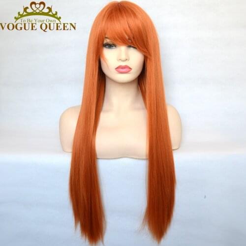 Vogue Queen Orange Long Silky Synthetic Straight Wig With Bangs Full Machine Made Wig Heat Resistant Fiber For Women