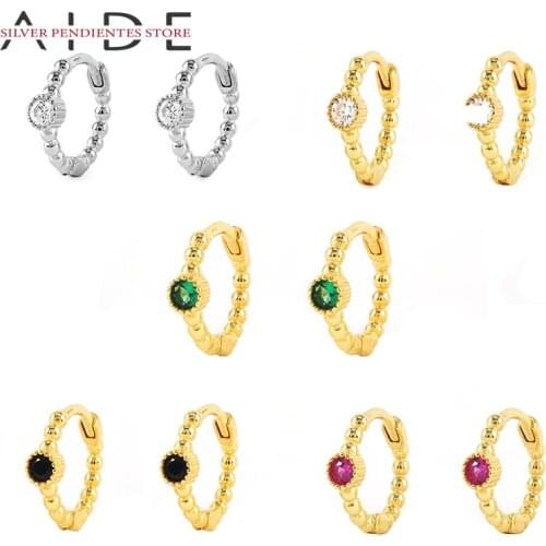 AIDE Small 925 Sterling Silver Round Bead Diamond Earring Hoops For Women Green Black Zircon Earrings Jewelry Gold Pendientes