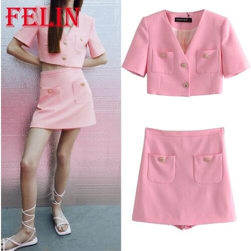 Za Chic Pink Women Sets Suits Short Blazer and Skirt Shorts Summer Short Sleeve V Neck Loose Jackets High Waist Pockets Shorts