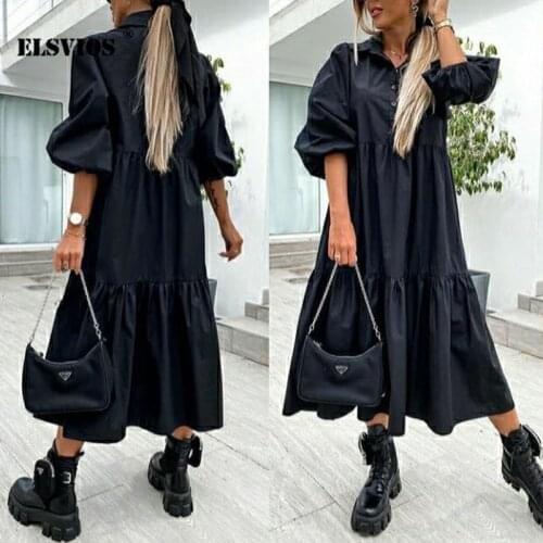 Spring Summer 2021 Casual Trun-down Collar Half Sleeves Fashion Dress Loose Solid Color Elegant Buttons Office Lady Shirt Dress