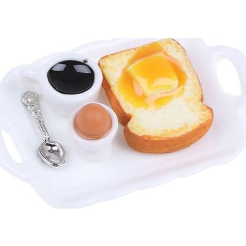1:12 Dollhouse Miniature Breakfast Set Hamburger Croissant Toast Egg Coffee with Tray Kitchen Food Accessories