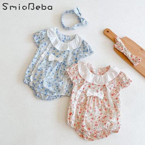 2021 Summer Baby Girl Floral Rompers Contrast Lotus Leaf Collar Hatsuit Jumpsuits Newborn 6-9-12 Months Bodysuits With Headband
