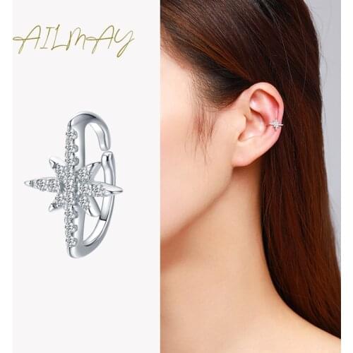Ailmay Hot Sale Authentic 925 Sterling Silver Star Ear Clip Earring Elegant Luxury Earring Clear CZ Fine Female Fashion Jewelry