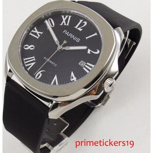 Automatic movement 40mm black dial sapphire crystal date rubber strap mens watch 893