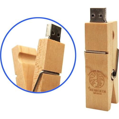 Over 10pcs free logo) Pen Drive Wood Clip Dual USB 2.0 8G 16GB 32GB USB Flash Drive Memory Stick PenDrive Gift USB Flash Memory